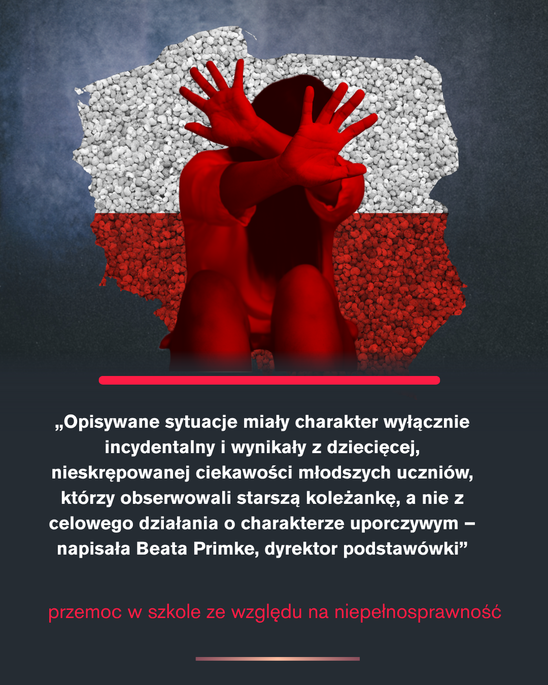 dziecięca ciekawość Ta sama grafika z dzieckiem w geście „stop” na tle biało-czerwonej mapy Polski. Pod spodem cytat dyrektorki podstawówki Beaty Primke: „Opisywane sytuacje miały charakter wyłącznie incydentalny i wynikały z dziecięcej, nieskrępowanej ciekawości młodszych uczniów, którzy obserwowali starszą koleżankę, a nie z celowego działania o charakterze uporczywym”. Na dole czerwony podpis: „przemoc w szkole ze względu na niepełnosprawność”